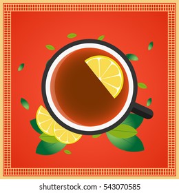 Tea time. Cup of tea with lemon. Vector illustration