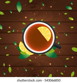 Tea time. Cup of tea with lemon. Wooden background. Vector illustration