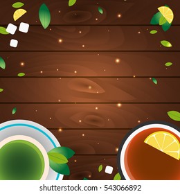 Tea time. Cup of tea with lemon. Wooden background. Vector illustration
