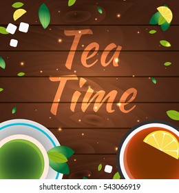Tea time. Cup of tea with lemon. Wooden background. Vector illustration