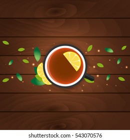 Tea time. Cup of tea with lemon. Wooden background. Vector illustration