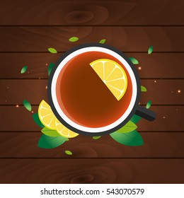 Tea time. Cup of tea with lemon. Wooden background. Vector illustration