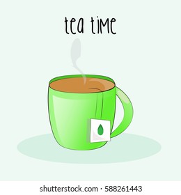 Tea time. A cup of tea on a blue background. Vector illustration.