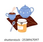 Tea time with cup, pot and honey jar. Teapot, mug and homemade jam. Warm relaxing soothing beverage. Hot drink, cozy hygge morning composition. Flat vector illustration isolated on white background