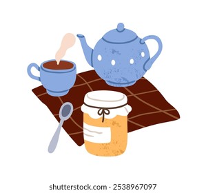 Tea time with cup, pot and honey jar. Teapot, mug and homemade jam. Warm relaxing soothing beverage. Hot drink, cozy hygge morning composition. Flat vector illustration isolated on white background