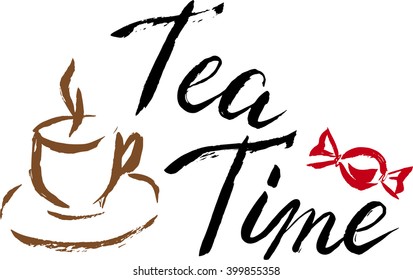 Tea time. Cup with swirl design elements and candy. Vector hand-drawn artistic illustration for design.
