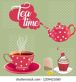 Tea time: Cup of tea, teapot and cake
