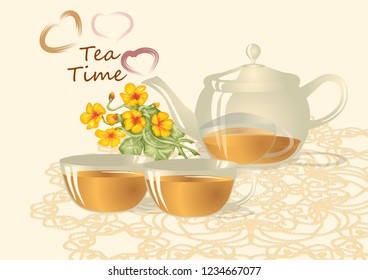 Tea Time with cup of tea, teapot and hearts