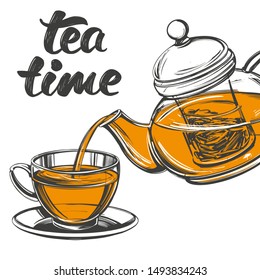 tea time Cup of tea and teapot isolated on white background hand drawn vector illustration realistic sketch