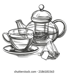 tea time Cup of tea and teapot isolated on vintage background hand drawn vector illustration realistic sketch