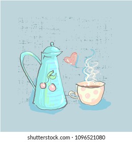 Tea time cute childish teapot and cup with heart on grunge background hand drawn directly in vector