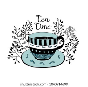 Tea time. Cute tea cup with floral decor. Hand draw doodle illustration. Spring mood.