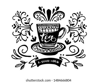 Tea time - cute hand drawn doodle lettering label art poster banner