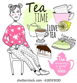 Tea time. Cute hipster girl with cup of tea. Vector illustration