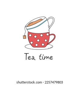 Tea time. Cute mugs with tea and an inscription.