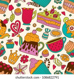 Tea time. Cute seamless pattern. 