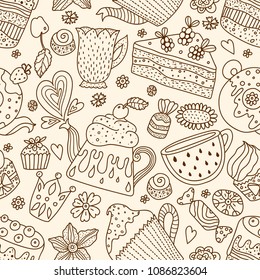 Tea time. Cute seamless pattern. Line background.