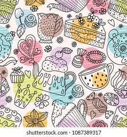 Tea time. Cute seamless pattern. Sweet and polka dot.