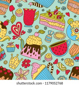 Tea time. Cute seamless pattern. 