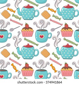 Tea time cute seamless pattern with teacups, teapots, cupcakes and candies. Sweet vector pattern great for textile, wallpaper, pattern fills, web page backgrounds, surface textures