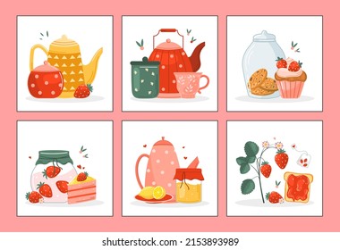 Tea time cute set. Set of cute cards. Cups, jam, sugar, tea bag, cake, teapot, strawberry. Hot drinks. Home comfort. Cozy collection. Vector cartoon illustration isolated on the white background.