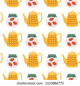 Tea time cute set. Strawberry jam, teapot. Hot drinks. Home comfort. Cozy collection. Vector cartoon illustration isolated on the white background.