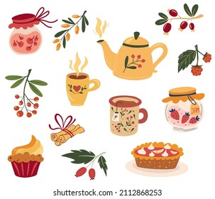 Tea time cute set. Teapot, cups, jam, berries, cinnamon, muffin and pie. Hot drinks. Home comfort. Cozy autumn collection. Vector cartoon illustration isolated on the white background.