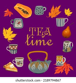 Tea time cute set. Teapot, cups, pumpkin, fall leaves, pear and pie. Hot drinks. Home comfort. Cozy autumn collection. Vector cartoon illustration isolated.