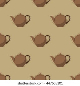 Tea time. Cute teapots on green background. Ideas for textile, wallpaper, wrapping, web pages. Vector illustration. Seamless pattern.