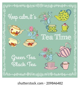 Tea time decorative background. Illustration with teapots and teacups.