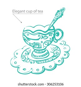 Tea time. Decorative golden cup with ethnic ornament, lace pattern. Vector illustration.