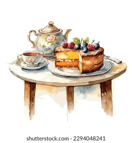 Tea time dessert table in watercolor