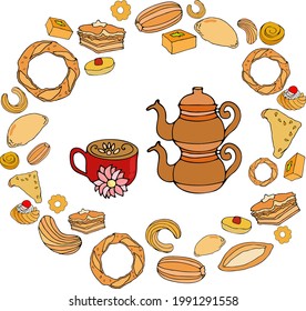 tea time with different kind of baking. Circle of  pastry