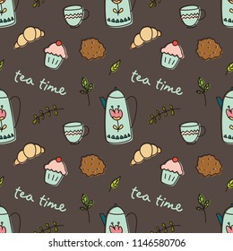 tea time doodle background, breakfast seamless pattern