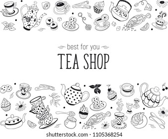 Tea time doodle elements in horizontal border. Teapots, cups, cupcakes and sweets isolated on white background. Tea shop design template.