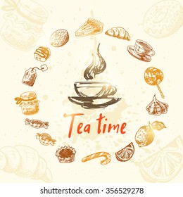 Tea time. Doodle tea illustration. Vector card. Hand drawn illustration with croissant, candies, macaroons, cookies, pots, jams and lollipops.
