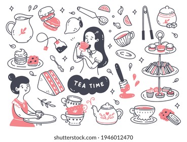 Tea Time Doodle Line Art Isolated On White