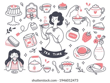 Tea Time Doodle Line Art Isolated On White
