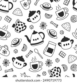 Tea Time Doodle Patrón sin fisuras. Fondo de cocina blanco y negro dibujado a mano lindo con bebidas calientes taza de tetera bollo dulces azúcar de chocolate. Ilustración vectorial