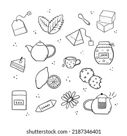 Tea time doodle set. Tea bags, teapot, lemon, chamomile, sakhal, candy, cookies, cup.