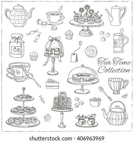 Tea time  doodle set. Sketch. Tea bag, mugs, cupcake, macaroon and muffin. Hand drawn spa items collection. Vector illustration  for design menus, recipes and packages product.