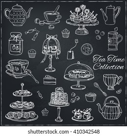 Tea time  doodle set. Sketch. Tea bag, mugs, cupcake, macaroon and muffin. Hand drawn Tea time collection. Vector illustration  for design menus, recipes and packages product.