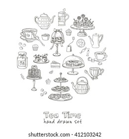 Tea time  doodle set. Sketch. Tea bag, mugs, cupcake, macaroon and muffin. Hand drawn spa items collection. Vector illustration  for design menus, recipes and packages product.