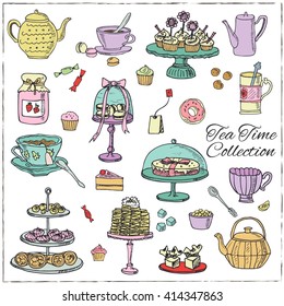 Tea time  doodle set. Sketch. Tea bag, mugs, cupcake, macaroon and muffin. Hand drawn Tea time collection. Vector illustration  for design menus, recipes and packages product.