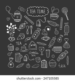 Tea time doodle vector set with sweets, mugs, teapots and love