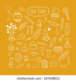 Tea time doodle vector set with sweets, mugs, teapots and love