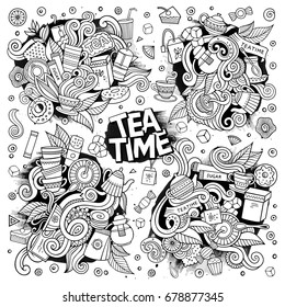 Tea time doodles hand drawn sketchy vector symbols and objects
