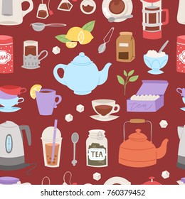 Tea time drinking procedure icons how to prepare hot drink instruction traditional teapot kettle cooking vector illustration seamless pattern background