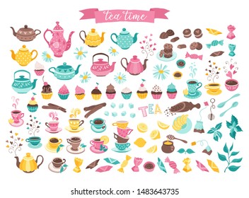 Tea time elements collection. Colorful hand drawn tea vector icons. Teapots, cups, cupcakes and sweets isolated on white background. Design elements.