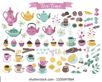 Tea time elements collection. Hand drawn tea vector icons. Teapots, cups, cupcakes and sweets isolated on white background. Design elements.